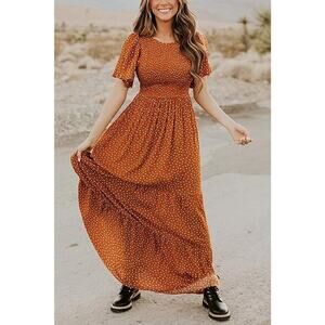 Orange Floral Print Smocked Bodice Tiered Ruffle Hem Cottage Boho‎ Maxi Dress XS